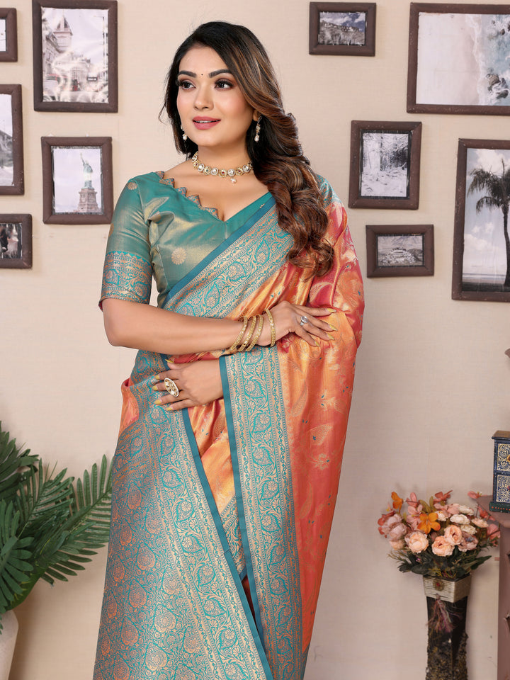 Orange Hema pure Banarasi Tissues silk sarees Its soft and silky with Meenkari woven border