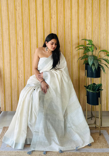 White Sidhdhi Linen Soft And Smooth Sarees With Linning Weaving All Over Saree