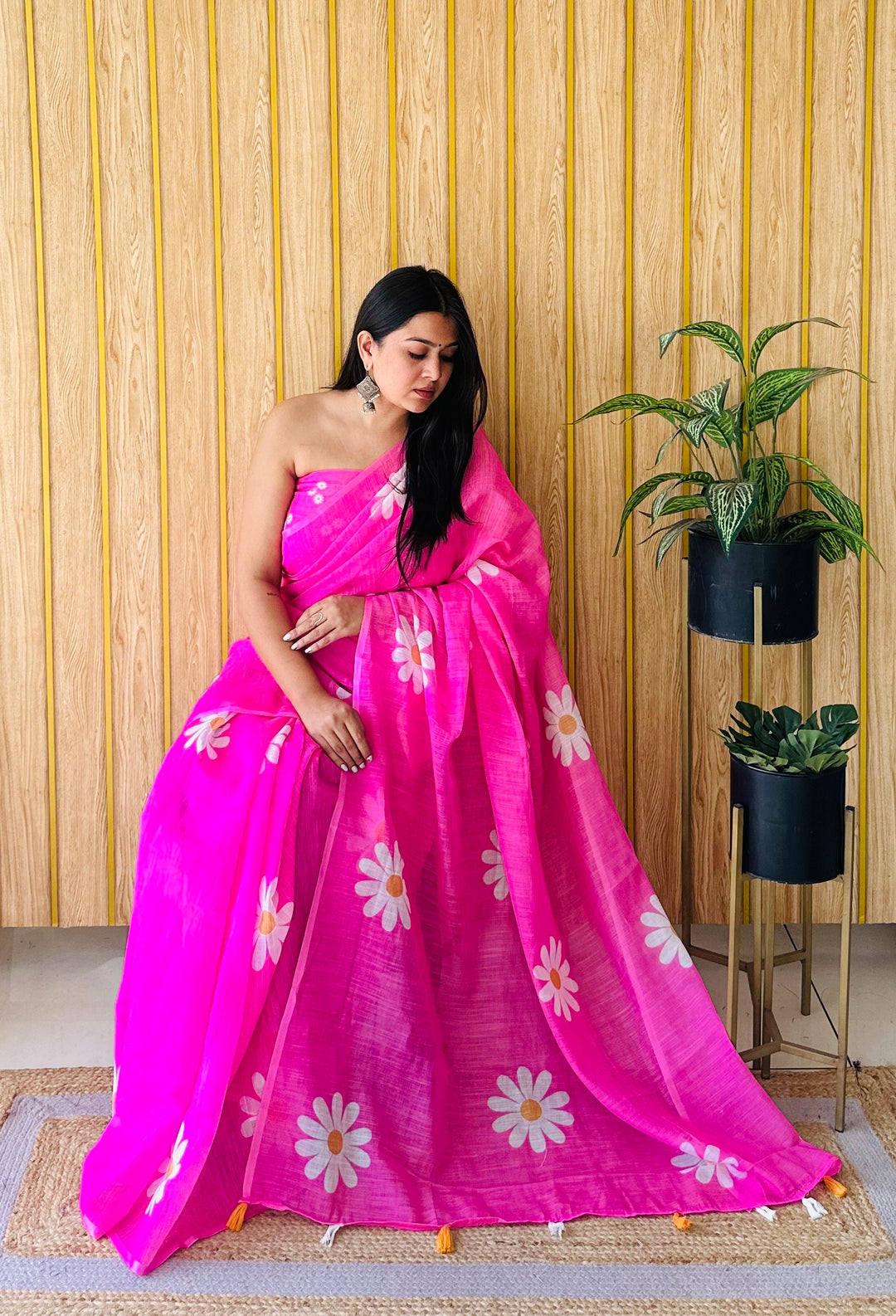 Pink Champa-1 Soft Linen Cotton Digital Print Sarees With Flower Print & Printed Pallu