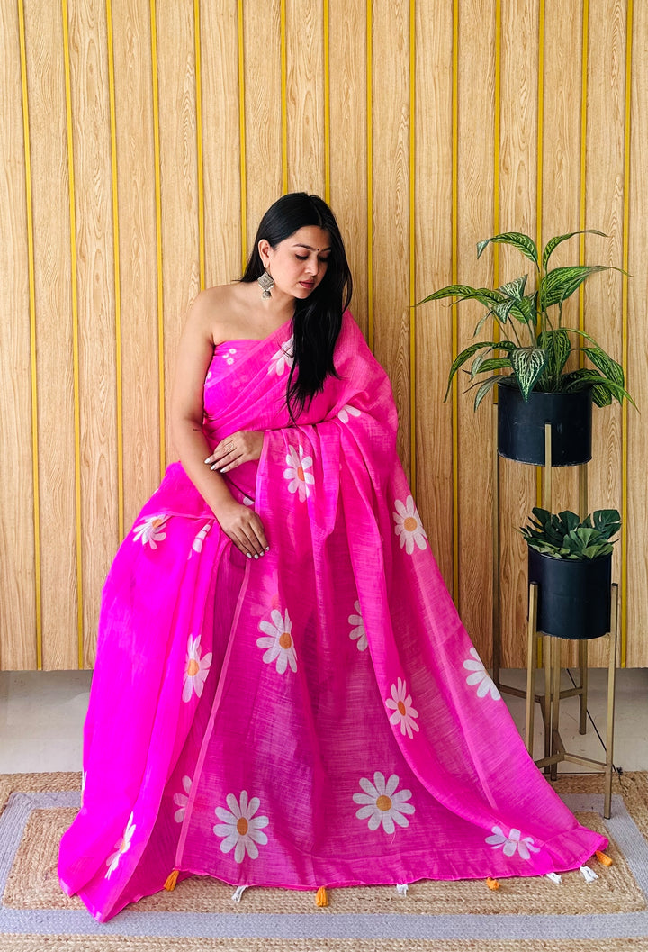 Pink Champa-1 Soft Linen Cotton Digital Print Sarees With Flower Print & Printed Pallu