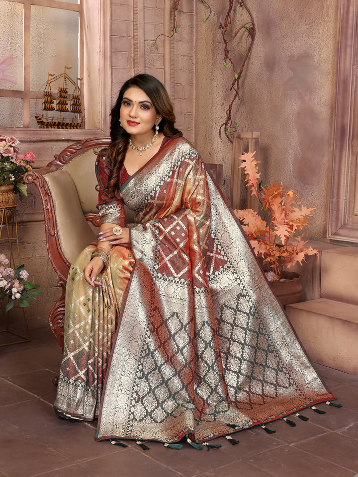 Beige Kundan kochi silk saree with beautiful Checks weaving exclusive work soft comfy