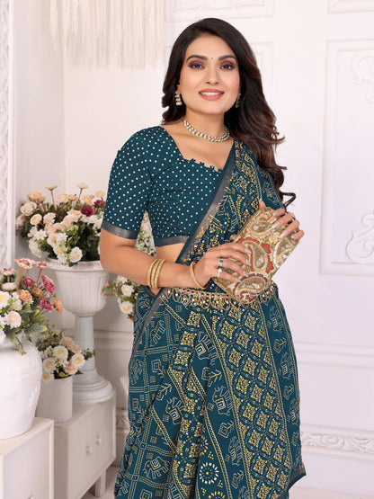 Teal Ambika Pure Patola And Bandhej Pattern Soft Cotton Light Weight Saree