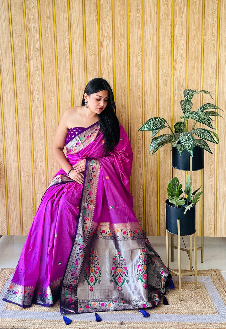 Purple Shabri Paithani Soft  Silk Sarees Weaved With Buttas Pattern & Contrast Concept