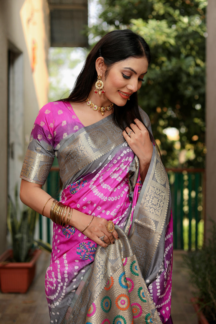 Light pink Ishani Pure Bandhej Silk Saree Minakari Weaving Butta With Zari