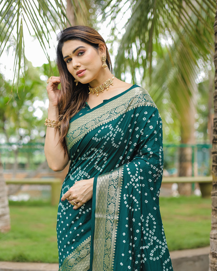 Green Padmavati Dola Soft Silk Bandhej Saree With All Over Handmade Bandhej With Jari Weaving Border