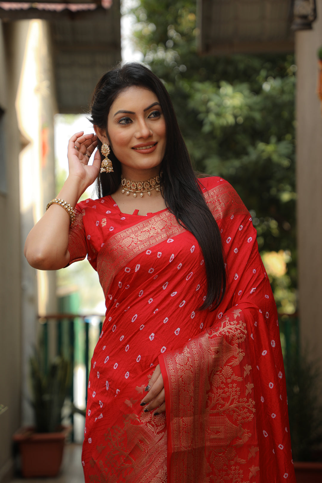 Red Suvarna-3 Bandhej Kanjivaram silk saree And Kanjivaram Border with Zari Weaving Rich Pallu