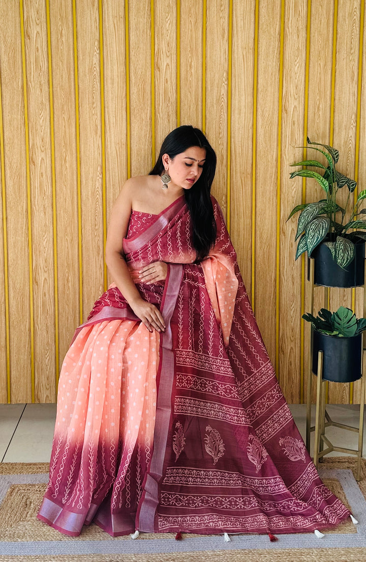 Maroon Khushboo Soft Linen Cotton Digital Print Sarees With Batik Print With Silver Border
