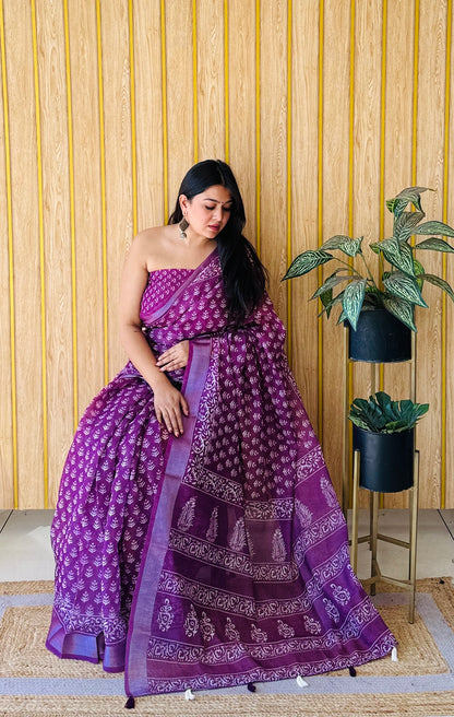 Purple Aarya-1 Soft Linen Cotton Digital Print Sarees With Batik Print With Silver Border