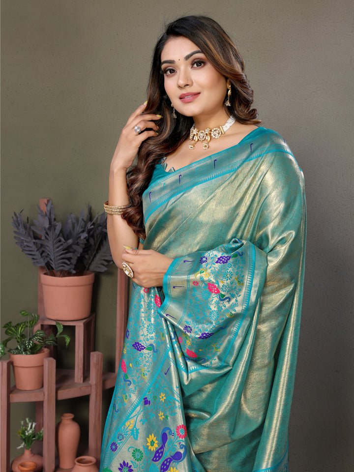 Sky Mrudangi Pure Banarasi Tissue silk sarees contrast Paithani woven border classic pallu