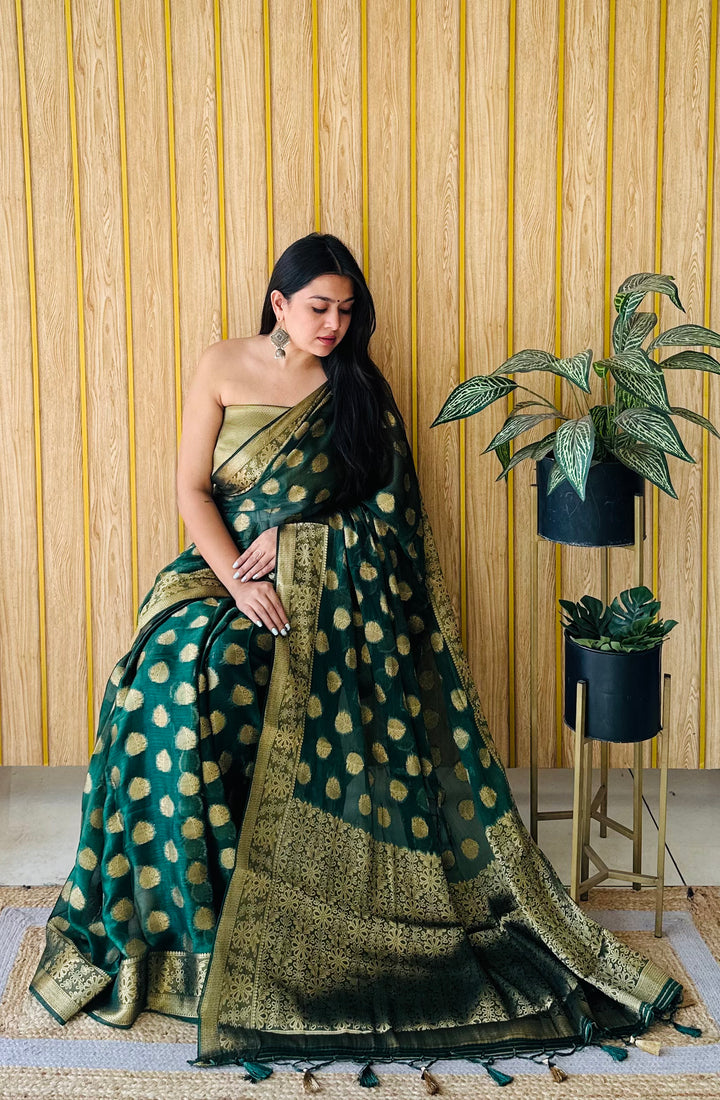 Green Sitara Soft Gimichu Silk Saree And Jari Weaving Border With Exclusive Jari Rich Pallu