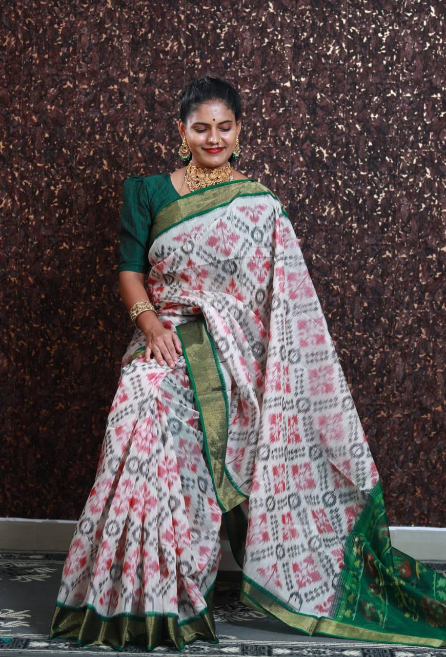 White-Green Pramila Patola Digital Print With Golden Weaving Border & Digital Printed Ikkat Design Pallu