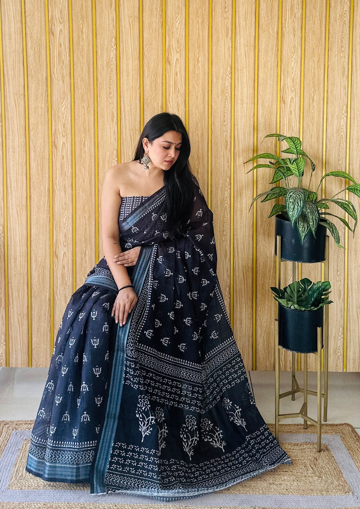 Cold Black Aarya-4 Soft Linen Cotton Digital Print Sarees With Batik Print With Silver Border
