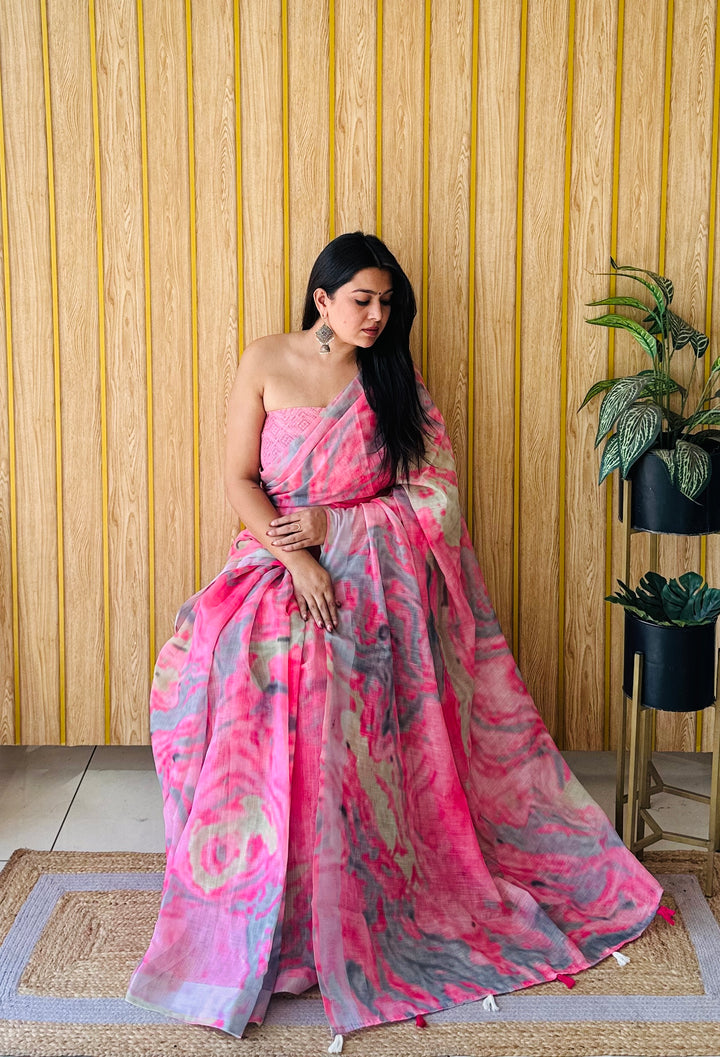 Pink Aashvi Soft Linen Cotton Digital Print Sarees With Batik Print With Silver Border