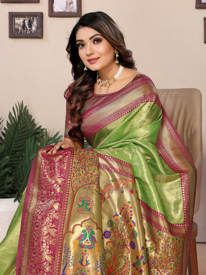 Parrot Green Vantara Banarasi Tissue Silk Saree With Contrast Paithani Woven Borders & Pallu