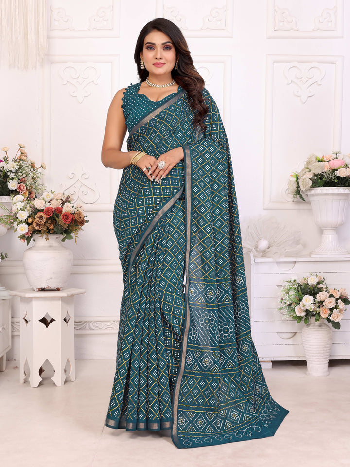 Teal Amba Pure Patola And Bandhej Pattern Soft Cotton Light Weight Saree