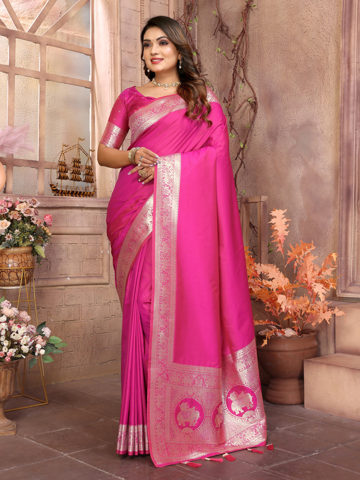 Pink Rani Banarasi silk sarees saree with beautiful Gala weaving exclusive work soft comfy