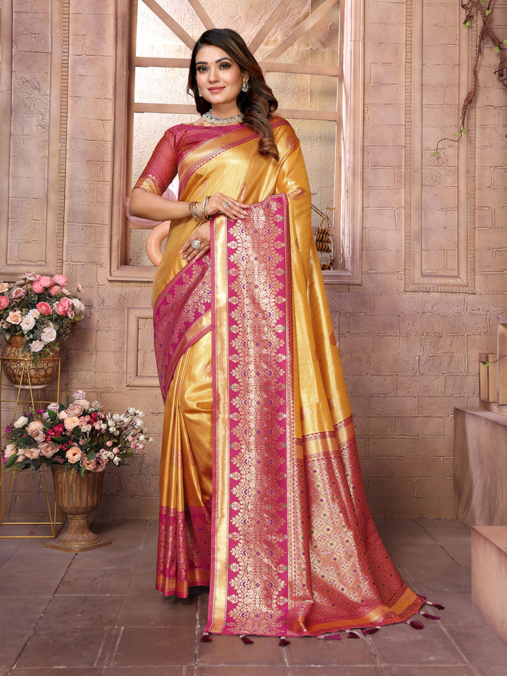 Yellow Sundari Banarasi Tissue Silk Saree With Contrast Banarasi Woven Borders & Pallu