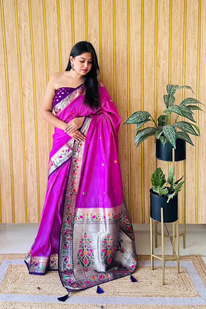 Purple Shabri Paithani Soft  Silk Sarees Weaved With Buttas Pattern & Contrast Concept