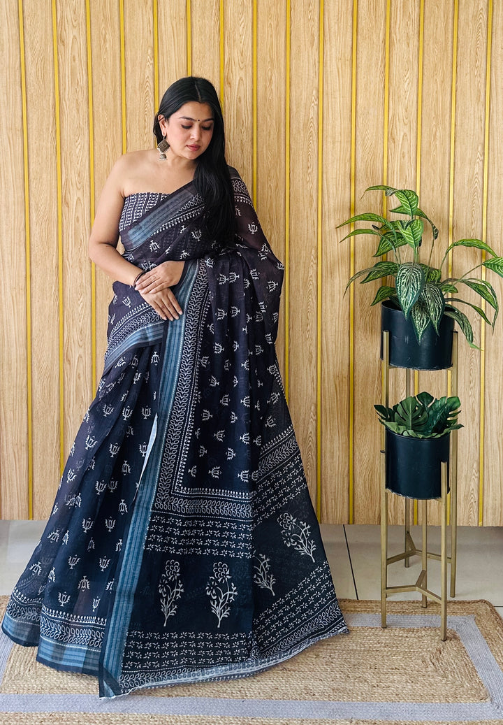 Cold Black Aarya-4 Soft Linen Cotton Digital Print Sarees With Batik Print With Silver Border