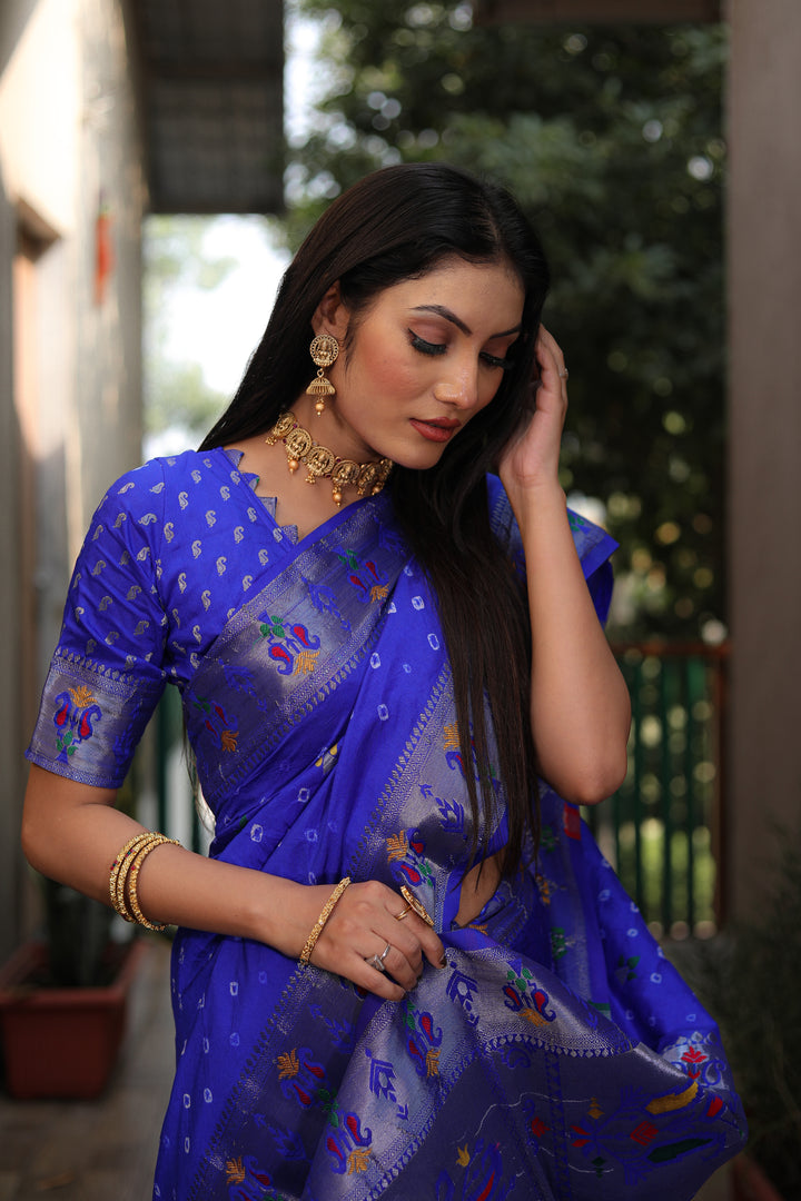 Blue Yogeshwari Dola Soft Silk Bandhej Saree With Jari Border & Weaving Paithani Style Rich Pallu