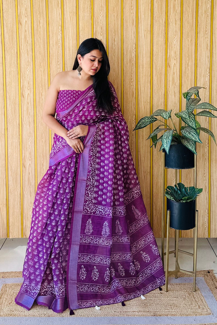 Purple Aarya-1 Soft Linen Cotton Digital Print Sarees With Batik Print With Silver Border