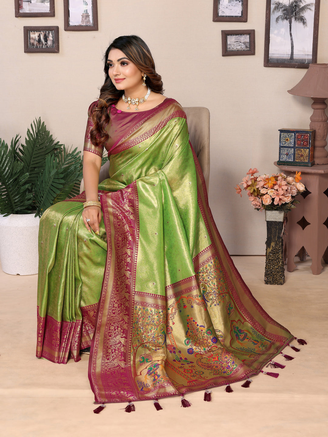 Parrot Green Vantara Banarasi Tissue Silk Saree With Contrast Paithani Woven Borders & Pallu