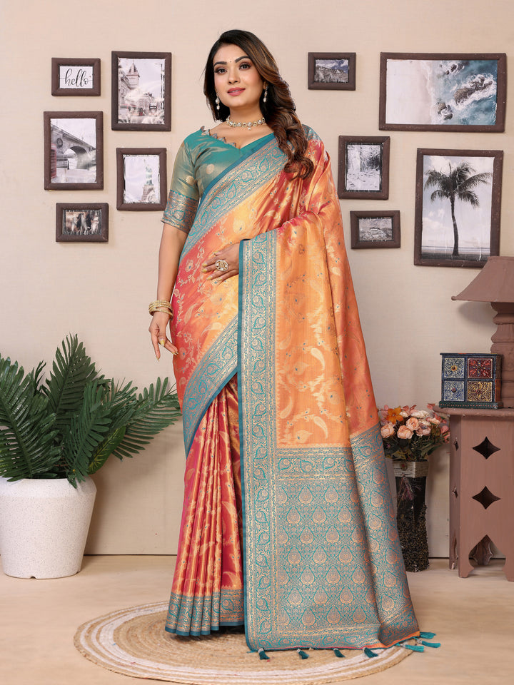 Orange Hema pure Banarasi Tissues silk sarees Its soft and silky with Meenkari woven border