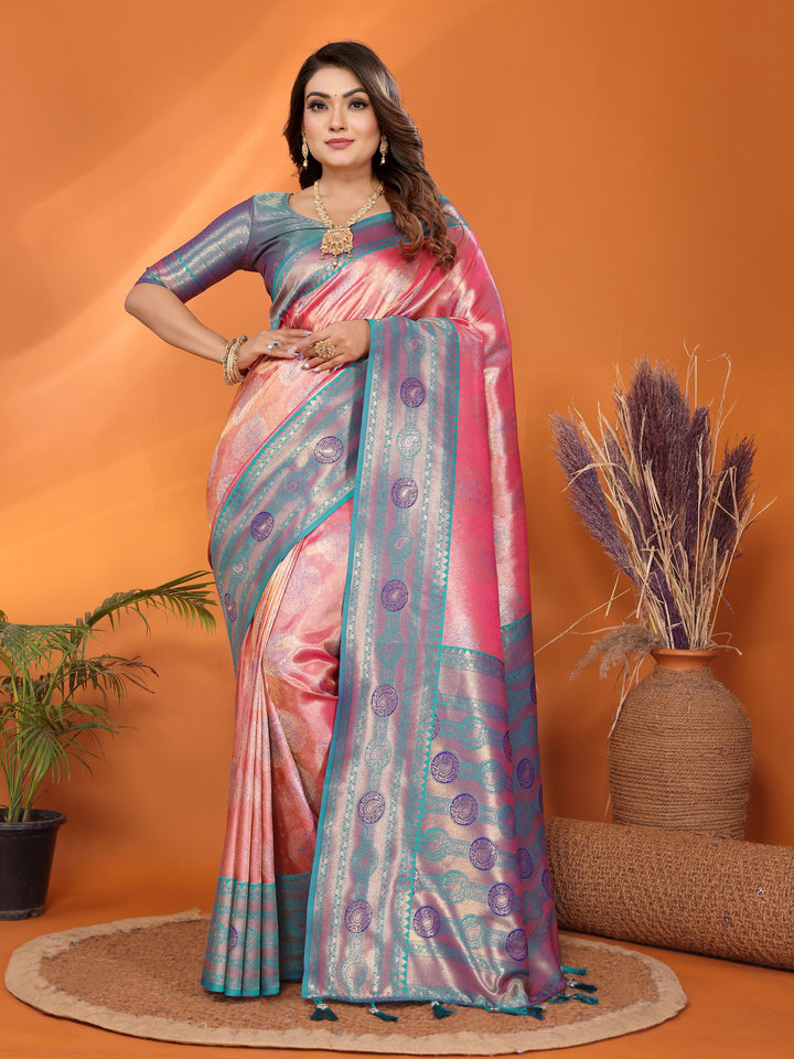 Pink Sonali Banarasi Silk Saree With Contrast Paithani Woven Borders & Pallu