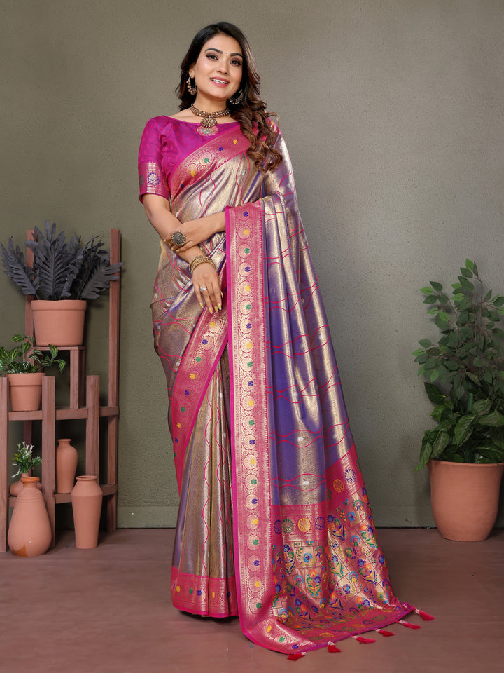 Purple Vasant Banarasi Tissue Silk Saree With Laheriya Woven Borders & Contrast Banarasi Pallu