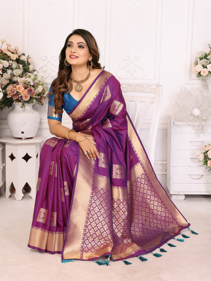 Purple Sameera Lichi soft Silk sarees & woven Butta concept With woven Zari borders both sides