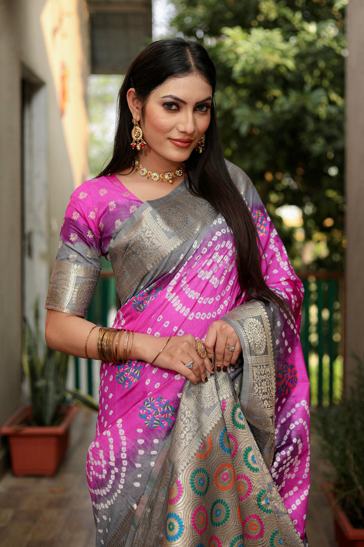 Light pink Ishani Pure Bandhej Silk Saree Minakari Weaving Butta With Zari