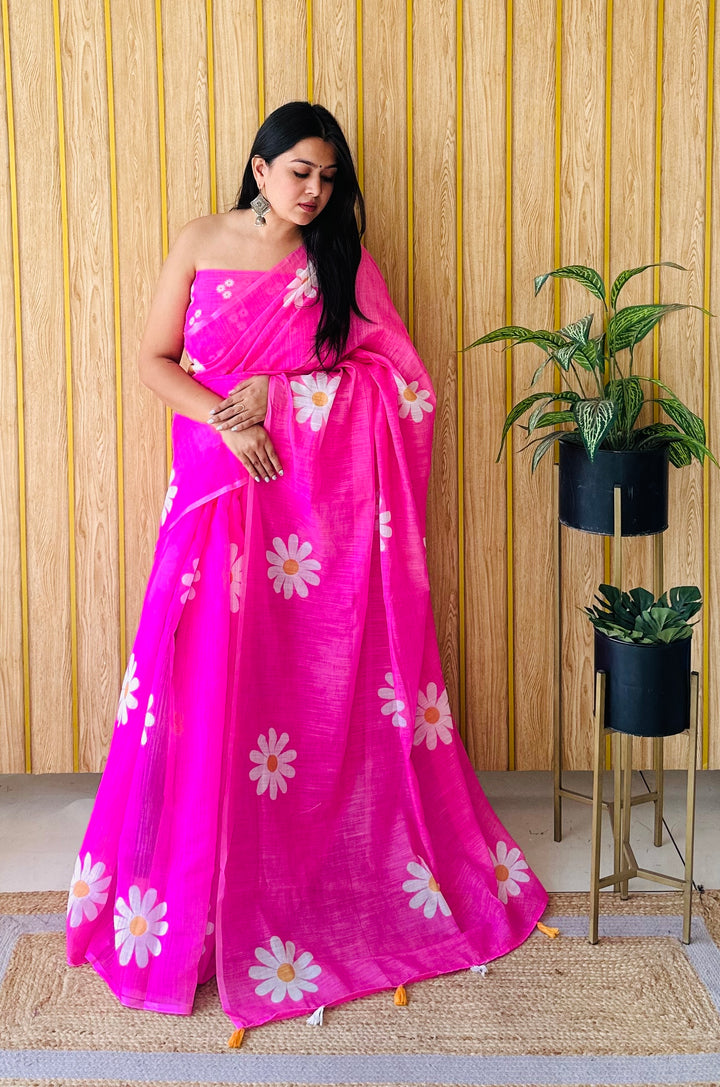 Pink Champa-1 Soft Linen Cotton Digital Print Sarees With Flower Print & Printed Pallu