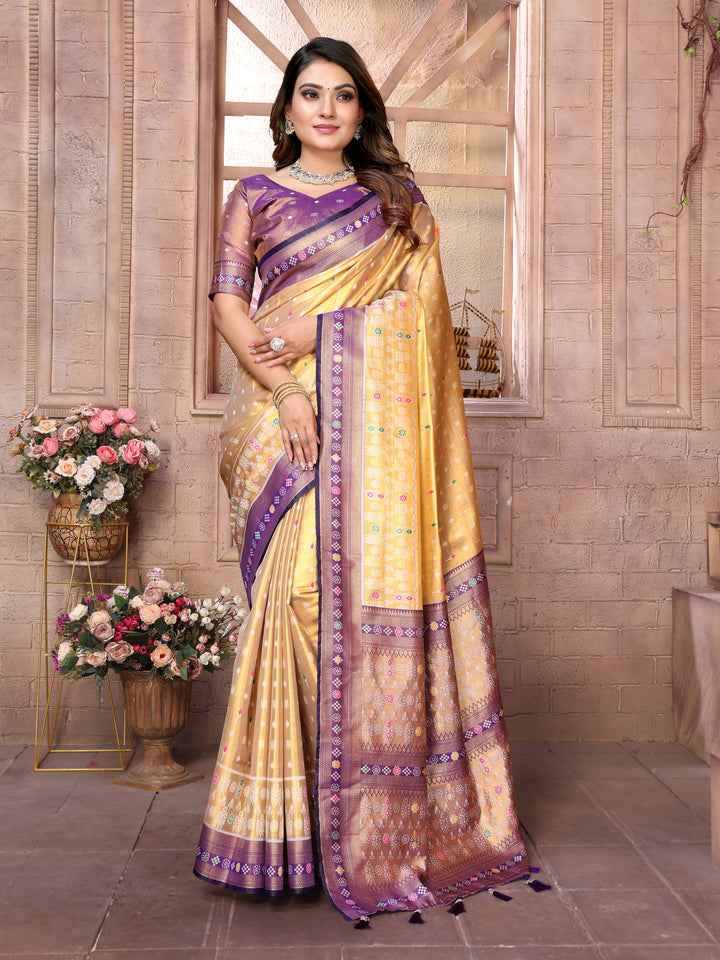 Purple Tarveni Banarasi Tissue Silk (Patola weaving) Saree With Contrast Patola Woven Borders & Pallu