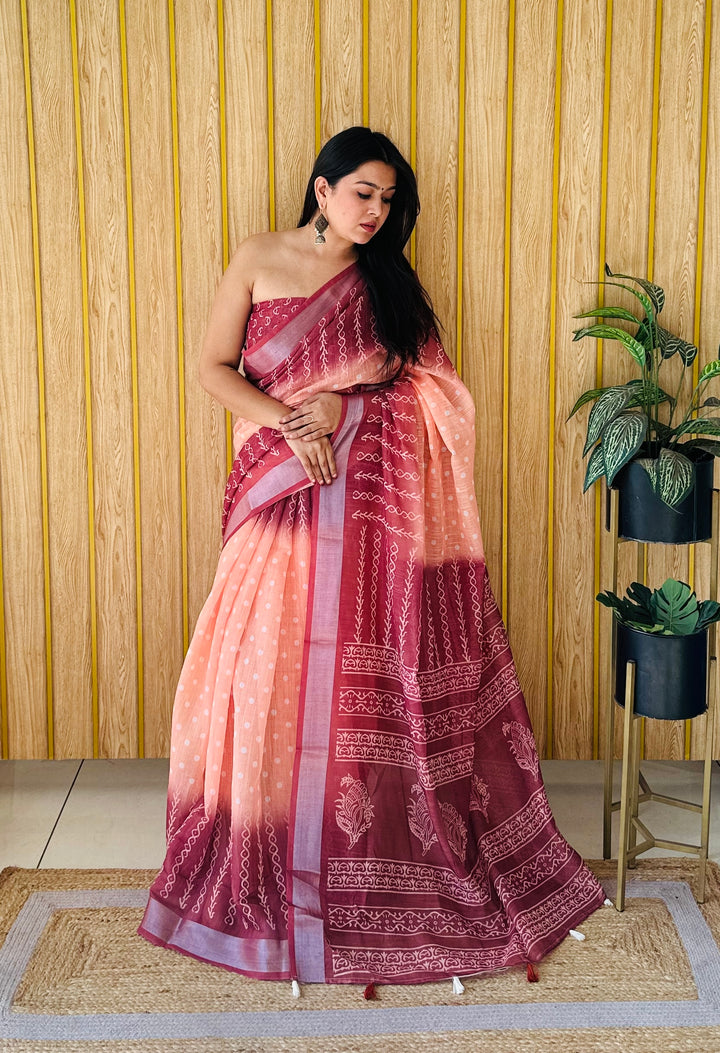 Maroon Khushboo Soft Linen Cotton Digital Print Sarees With Batik Print With Silver Border