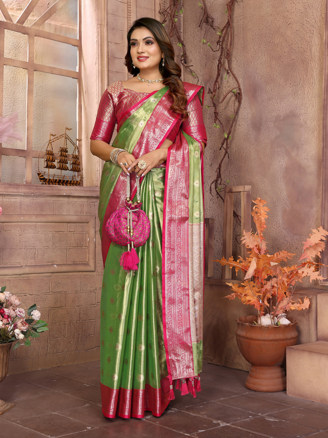 Green Anita Handloom Tissue Silk Sarees with Zari Weaving Designs and Zari borders Rich Pallu