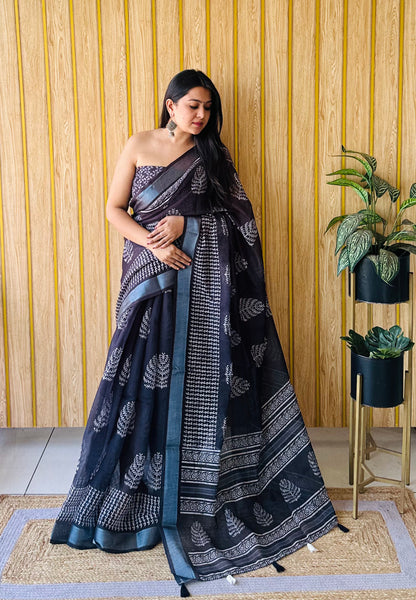 Black-white Sampurna Soft Linen Cotton Digital Print Saree With Batik Print With Silver Border