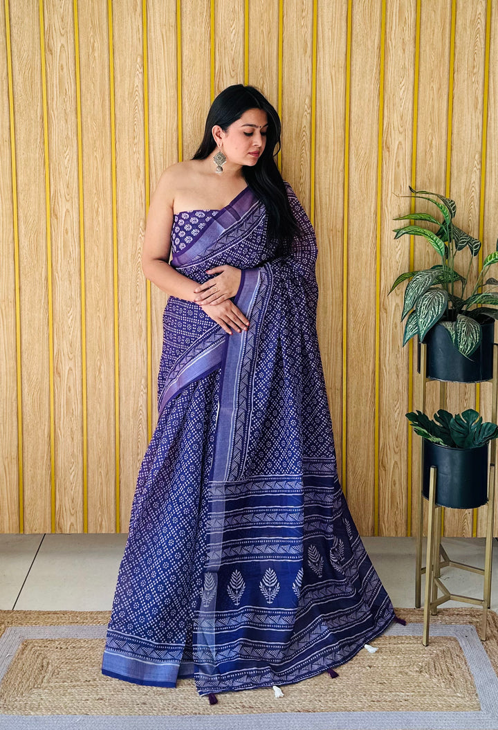 Blue Shukriya Soft Linen Cotton Digital Print Saree With Batik Print With Silver Border