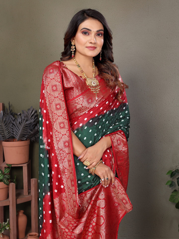 Green Satyavati Bandhej Satin Silk Saree Made By Original Bandhej With Zari Weaving Border
