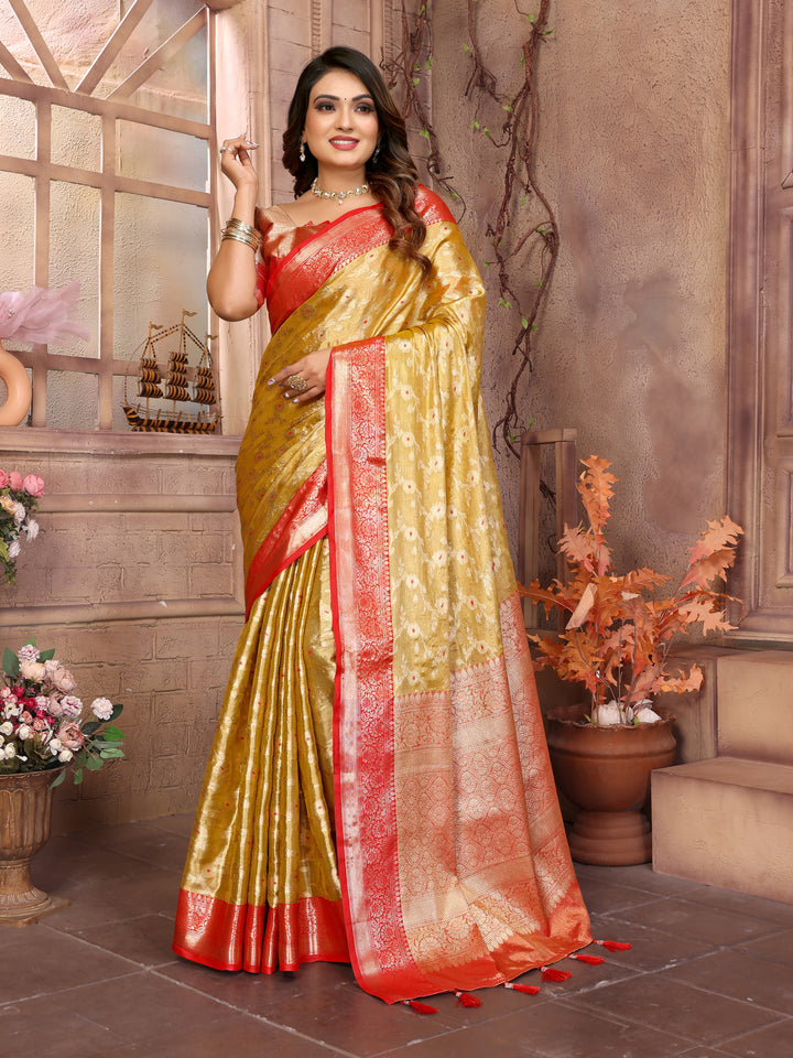 Yellow Vanita Tissue Silk Saree Zari Designs and Contrast Zari Borders & Rich Pallu
