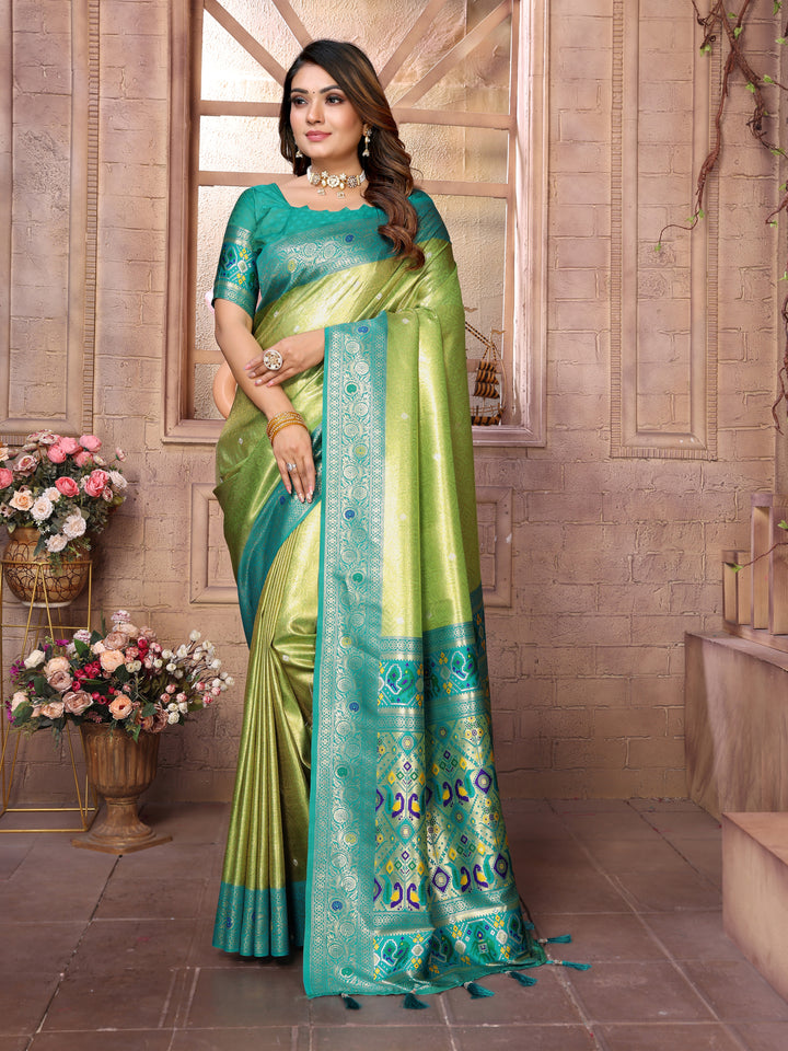 Green Vimala Banarasi Silk Saree With Contrast Paithani Woven Borders & Pallu