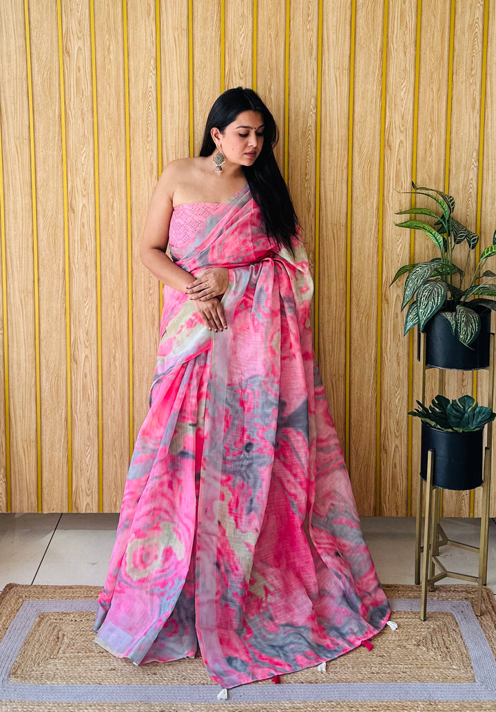 Pink Aashvi Soft Linen Cotton Digital Print Sarees With Batik Print With Silver Border