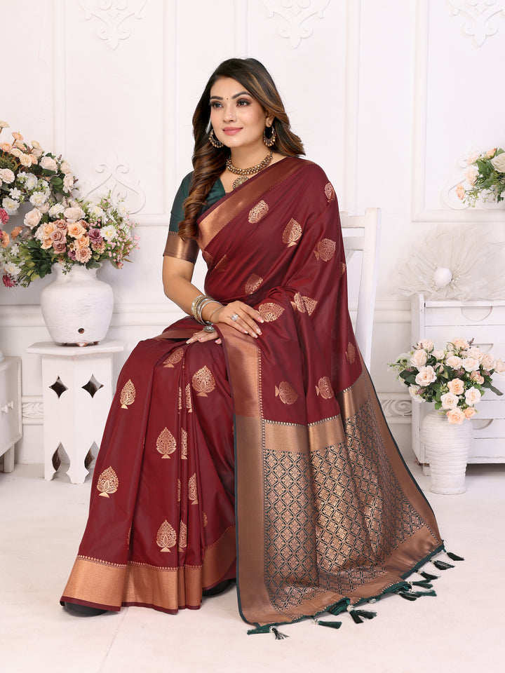 Maroon Vardhman Lichi soft Silk sarees woven Butta concept & woven Zari borders both sides