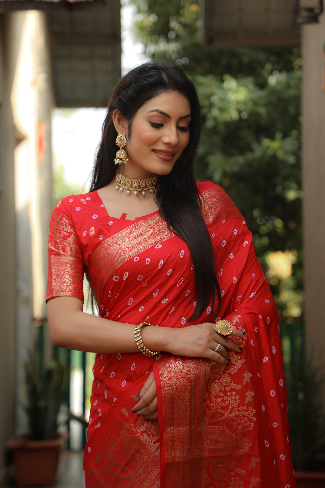 Red Suvarna-3 Bandhej Kanjivaram silk saree And Kanjivaram Border with Zari Weaving Rich Pallu