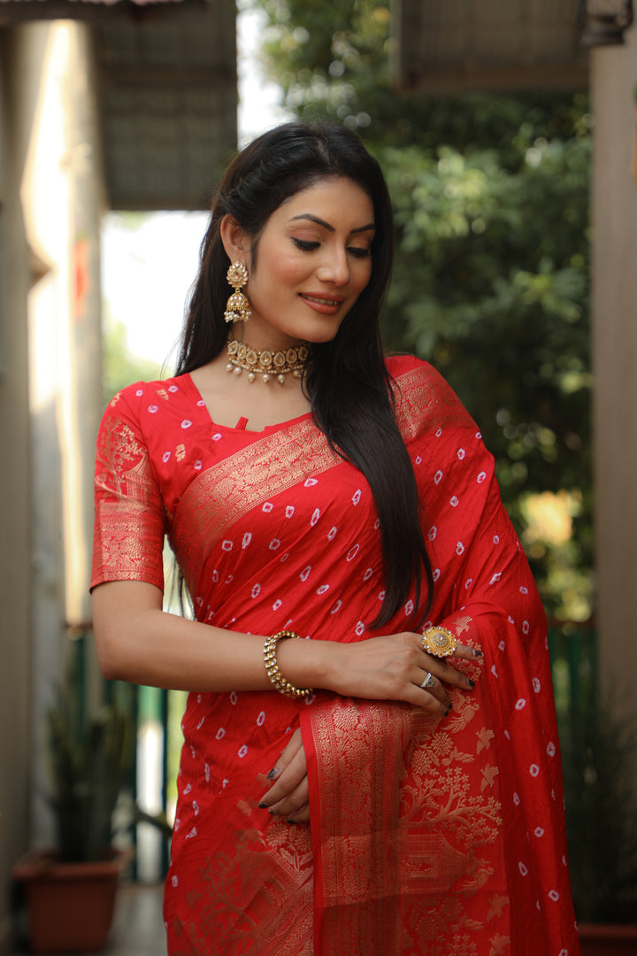 Red Suvarna-3 Bandhej Kanjivaram silk saree And Kanjivaram Border with Zari Weaving Rich Pallu