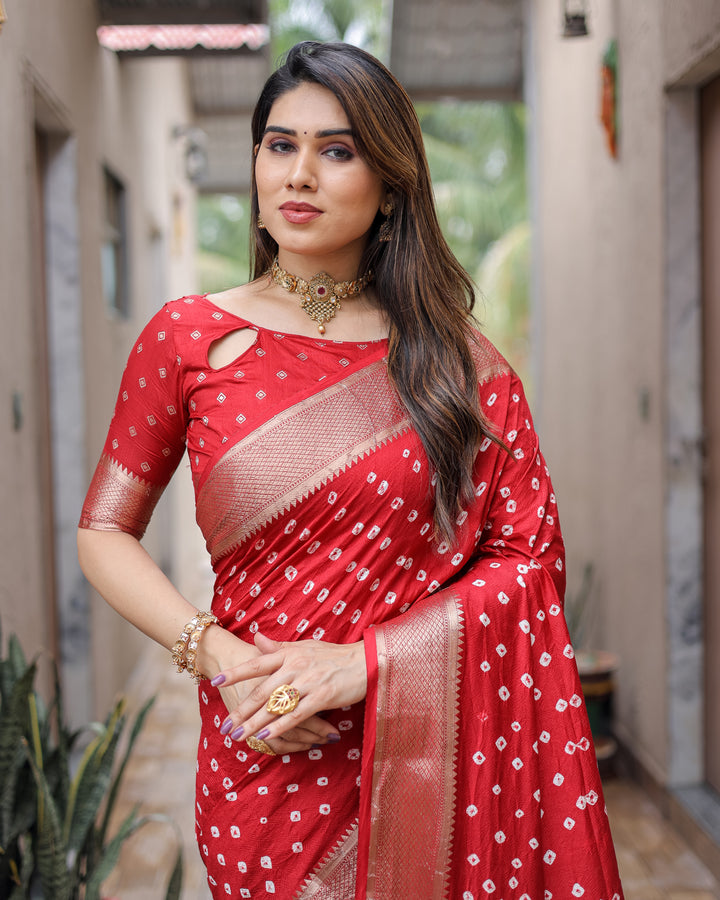 Maroon Yashomati Dola Soft Silk Bandhej Sarees With Awesome Two Sides Jari Border &  Paithani Style Rich Pallu