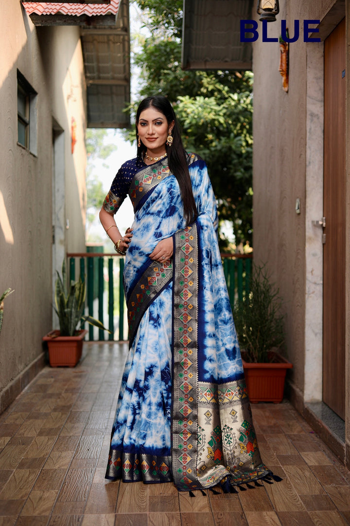 Blue Flora Sibori Print Paithani Silk Sarees  With Gold Zari Paithani Border & Contrast  Rich Pallu