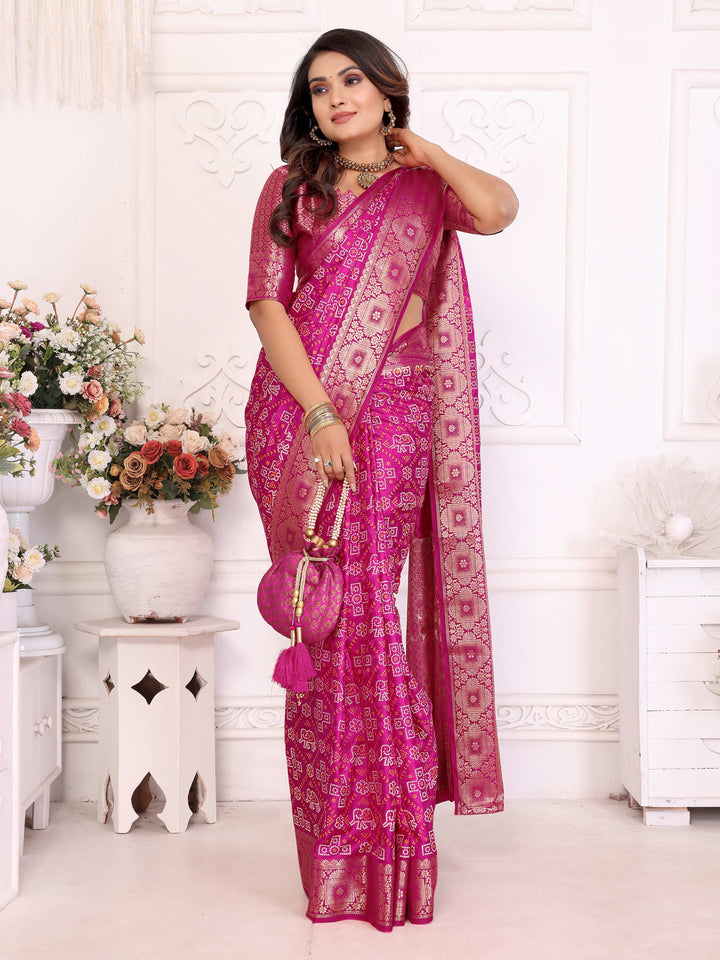 Pink Samshira Soft Satin Silk Bandhej Print Saree With Zari Border Design And Having Rich Pallu
