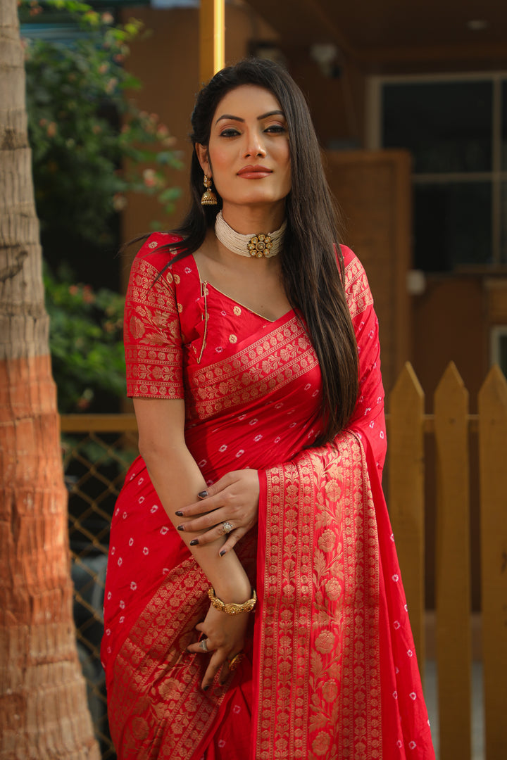 Red Toral Bandhej Kanjivaram Silk Saree Kanjivaram Border With Zari Weaving Rich Pallu