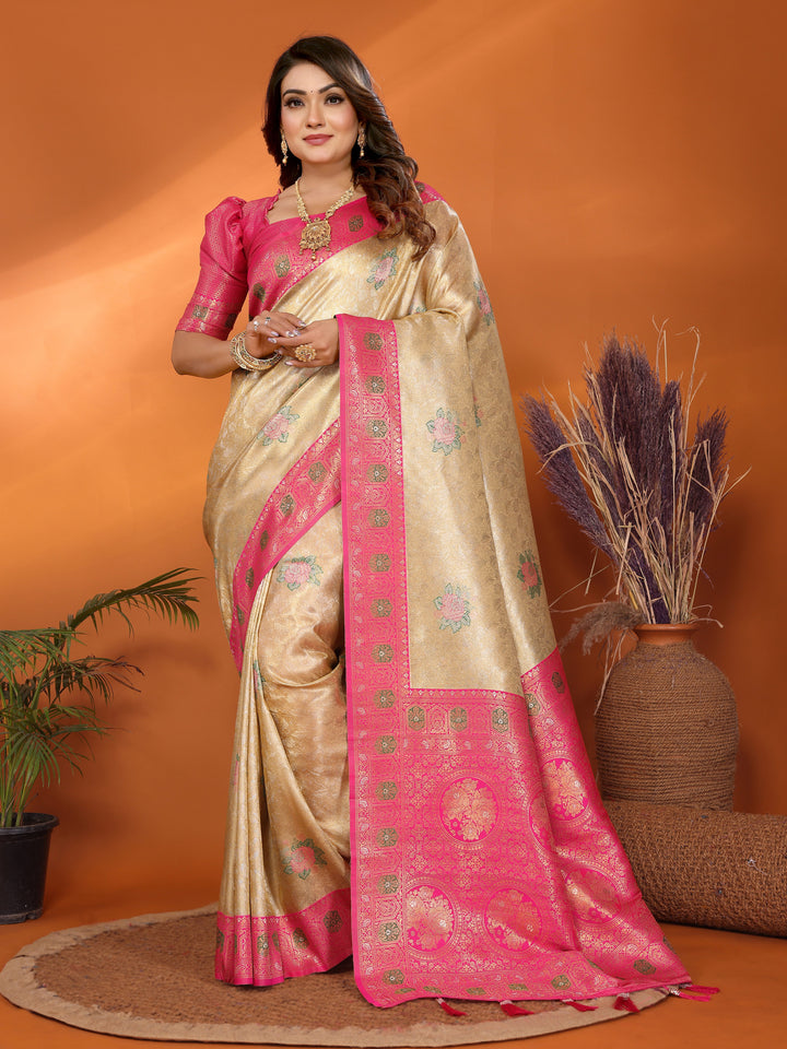 Beige Saroj Banarasi Silk Saree With Contrast Paithani Woven Borders & Pallu