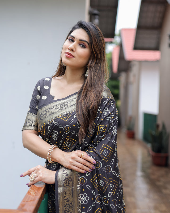 Black Pushpavati Soft Dola Silk Bandhej Sarees With Kanchi Weaving Border With Multicolour Bandhej Block Print Design